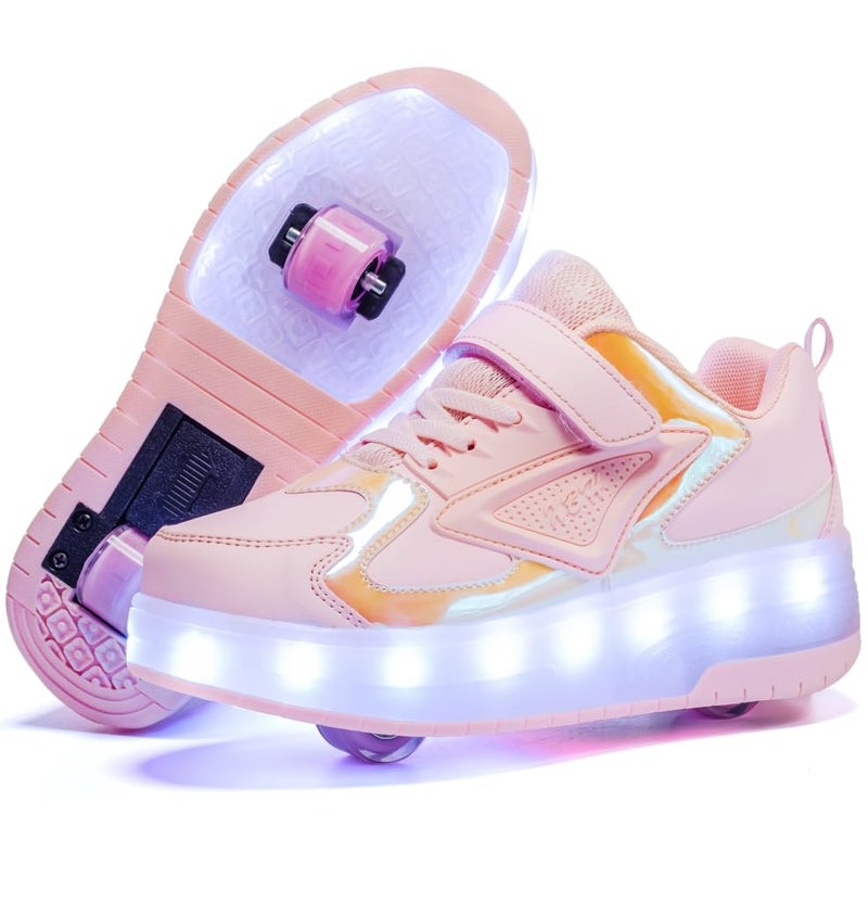 HHSTS Kids Shoes with Wheels LED Light Color Shoes Shiny Roller Skates Skate Shoes Simple Kids Gifts Boys Girls The Best Gift for Party Birthday Christmas Day(1 Little Kid,Pink) - Image 1