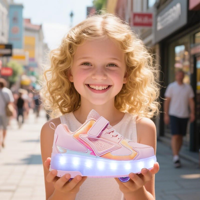 HHSTS Kids Shoes with Wheels LED Light Color Shoes Shiny Roller Skates Skate Shoes Simple Kids Gifts Boys Girls The Best Gift for Party Birthday Christmas Day(1 Little Kid,Pink) - Image 2