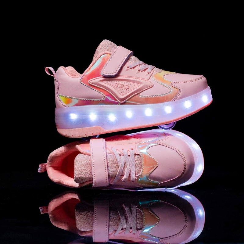 HHSTS Kids Shoes with Wheels LED Light Color Shoes Shiny Roller Skates Skate Shoes Simple Kids Gifts Boys Girls The Best Gift for Party Birthday Christmas Day(1 Little Kid,Pink) - Image 4