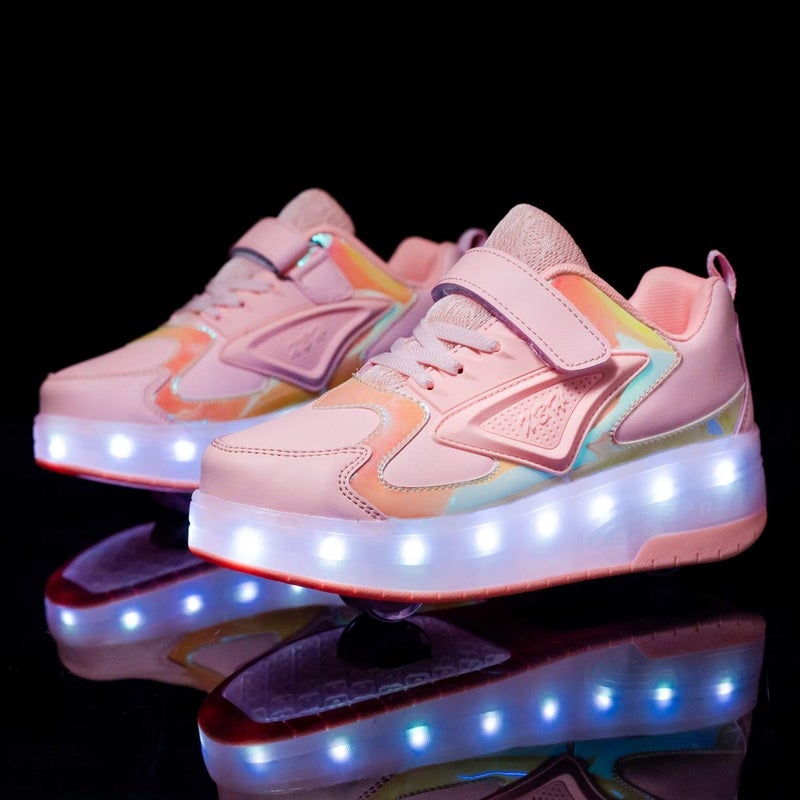HHSTS Kids Shoes with Wheels LED Light Color Shoes Shiny Roller Skates Skate Shoes Simple Kids Gifts Boys Girls The Best Gift for Party Birthday Christmas Day(1 Little Kid,Pink) - Image 5