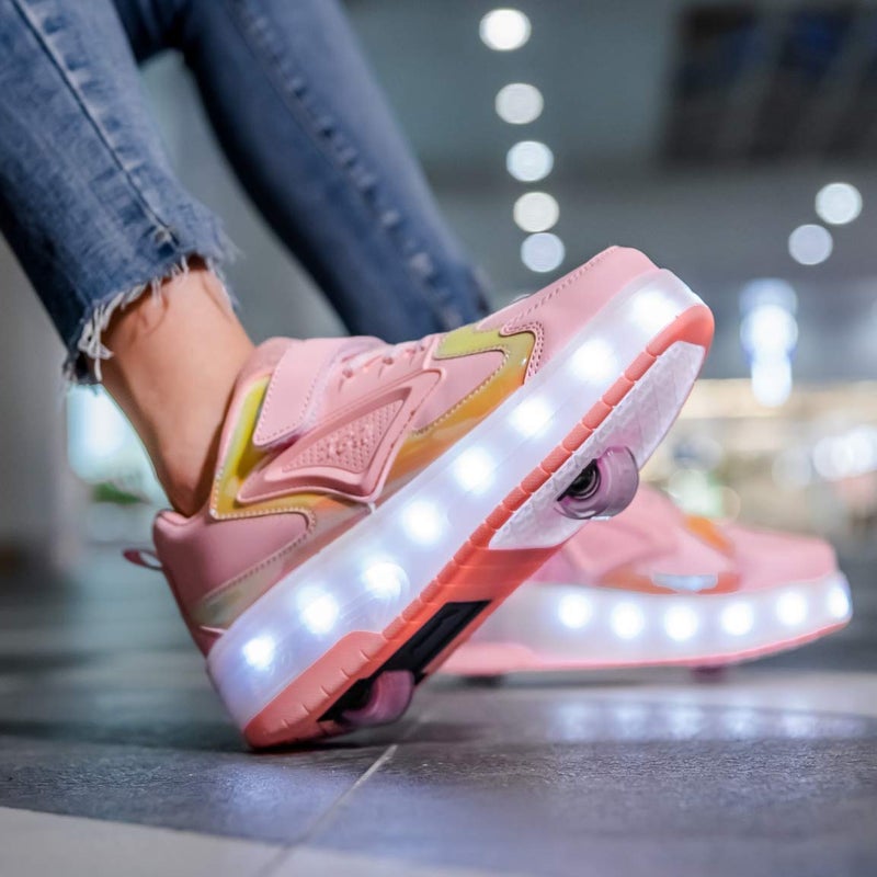 HHSTS Kids Shoes with Wheels LED Light Color Shoes Shiny Roller Skates Skate Shoes Simple Kids Gifts Boys Girls The Best Gift for Party Birthday Christmas Day(1 Little Kid,Pink) - Image 3