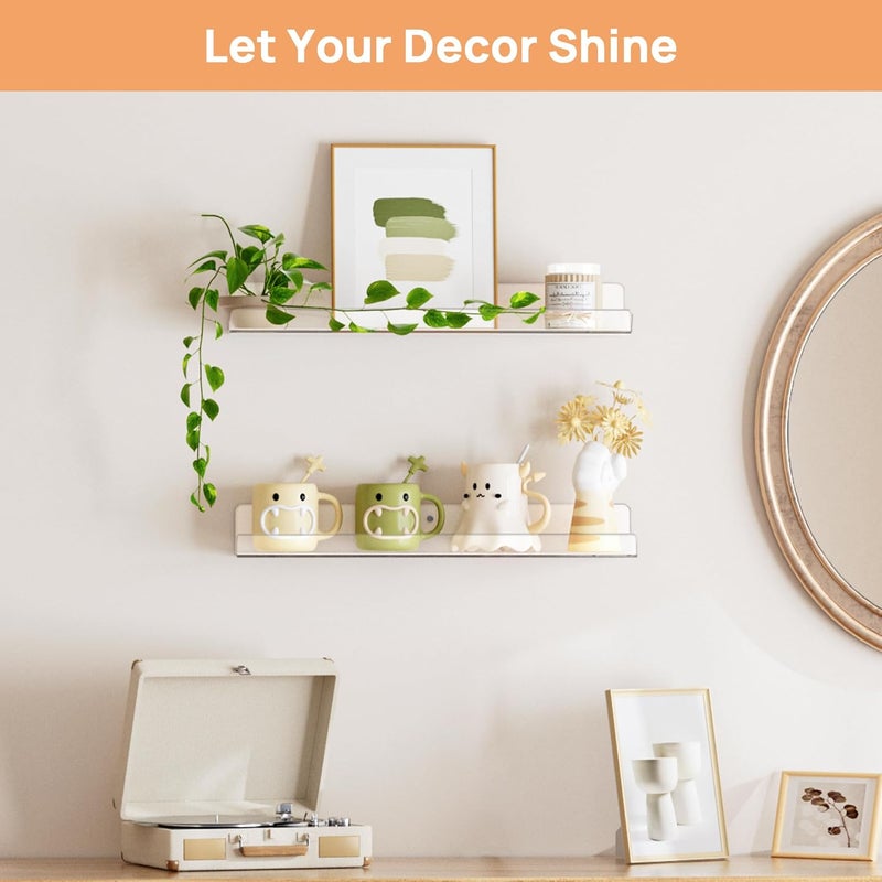 upsimples Acrylic Shelves for Bathroom Storage, 15" Floating Shelves Wall Organizer for Perfume, Make up, Skincare, Kids Bookshelf for Bedroom, Nursery, Living Room Decor, Clear, 2 Pack - Image 2