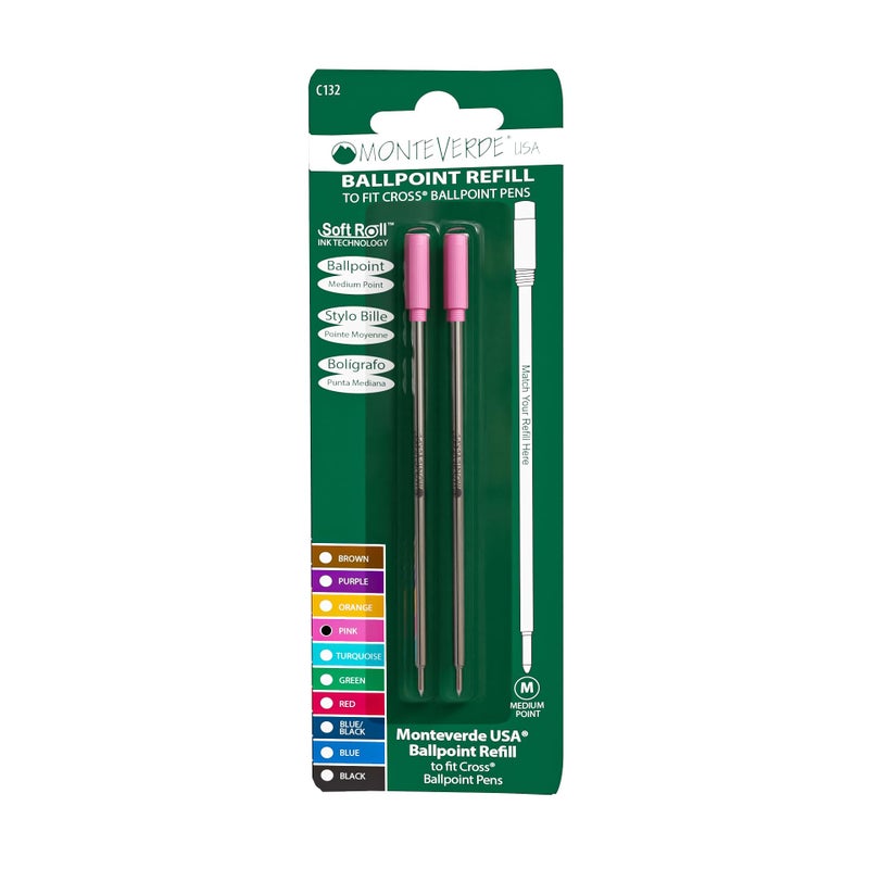 Monteverde Ballpoint Refill to Fit Cross Ballpoint Pens, Medium Point, Soft Roll, Pink, 2 per Pack (C132PK) - Image 1