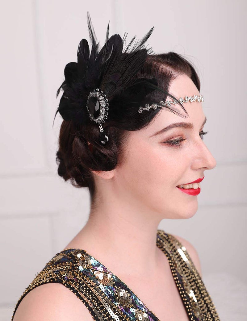 Aimimier 1920s Flapper Feather Hair Clip with Crystal Head Chain Roaring 20s Headpiece Costume Masquerade Hair Jewelry for Women and Girls (Style 2) - Image 1