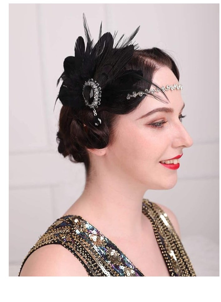 Aimimier - Aimimier 1920s Flapper Feather Hair Clip with Crystal Head Chain Roaring 20s Headpiece Costume Masquerade Hair Jewelry - Image 1