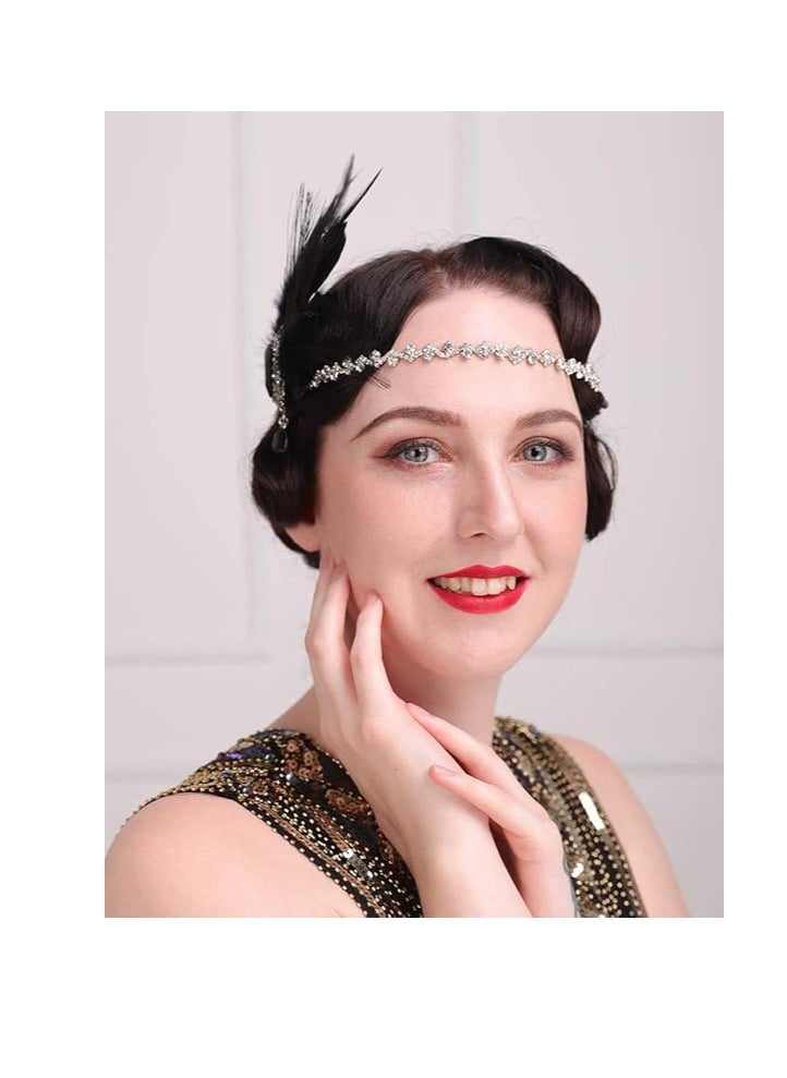 Aimimier - Aimimier 1920s Flapper Feather Hair Clip with Crystal Head Chain Roaring 20s Headpiece Costume Masquerade Hair Jewelry - Image 1