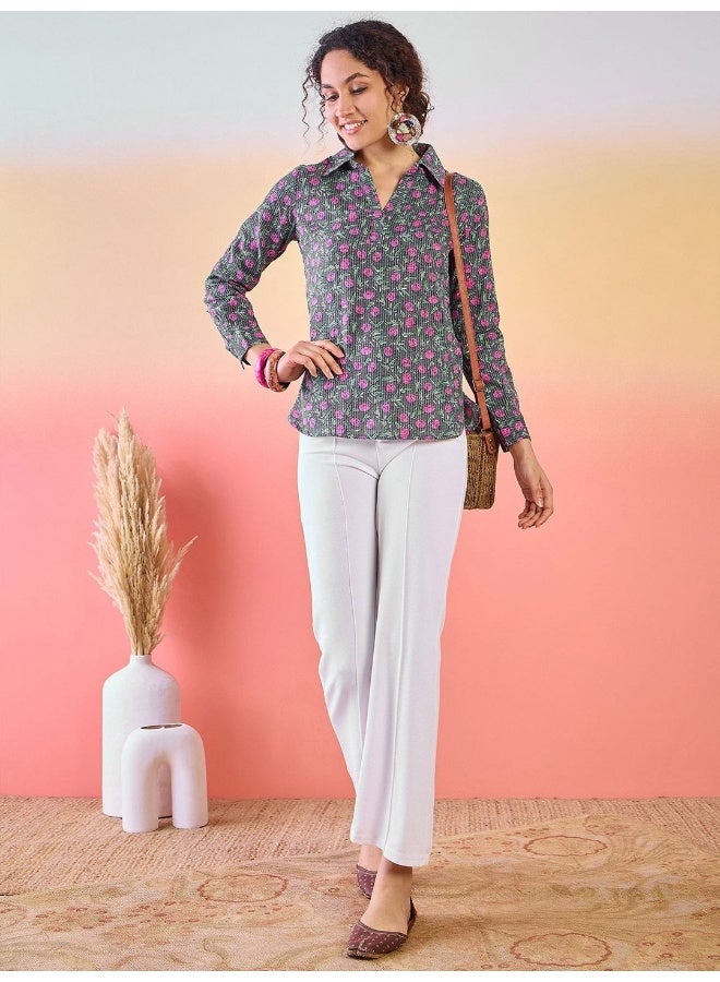 AKS Floral Printed Shirt Collar Cotton Tunic - Image 4