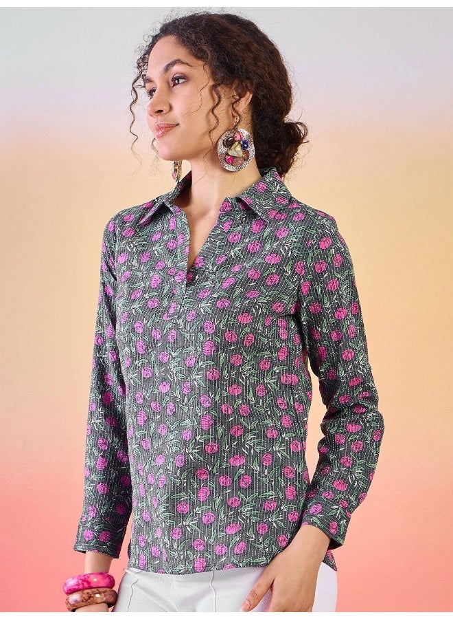 AKS Floral Printed Shirt Collar Cotton Tunic - Image 3