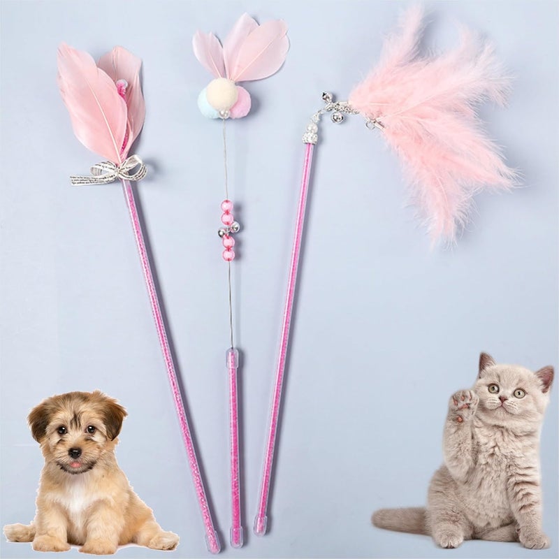 YuanjuSZ Cat and Dog Toy Wand Set (Pack of 3) - Interactive Feather Teaser for Cats and Kittens (Pink) - Image 1