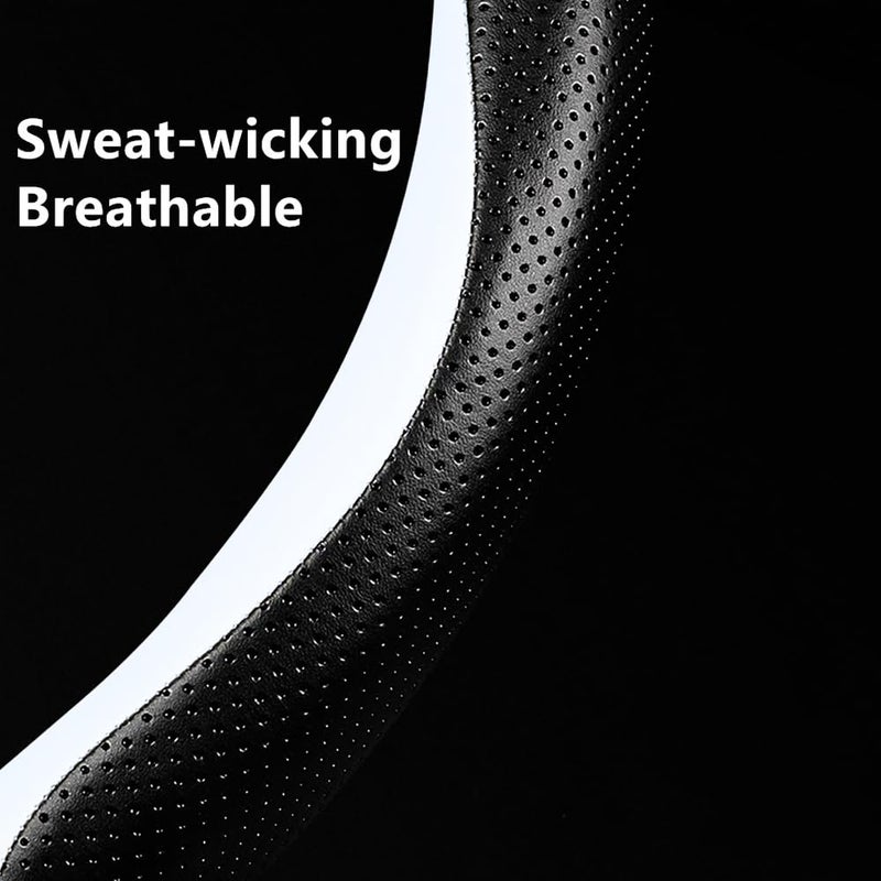 Carodi Leather Car Steering Wheel Cover, Elegant, Fashionable, Comfortable, Non-Slip, Breathable, Universal 15 inch, Black and White - Image 4