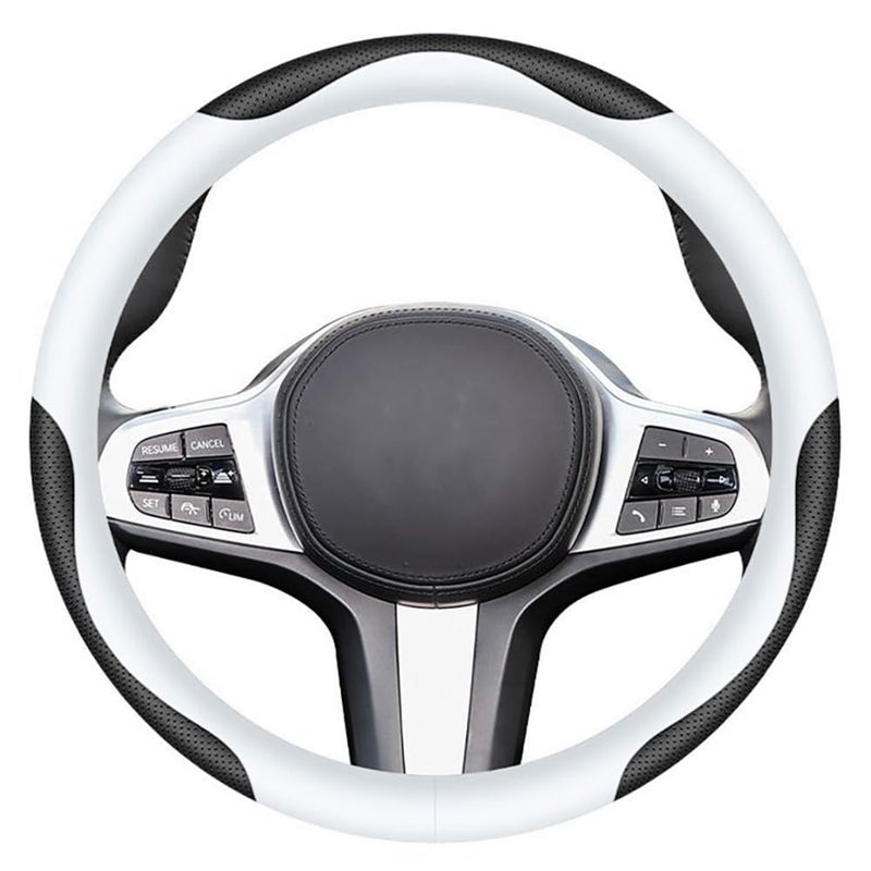Carodi Leather Car Steering Wheel Cover, Elegant, Fashionable, Comfortable, Non-Slip, Breathable, Universal 15 inch, Black and White - Image 1