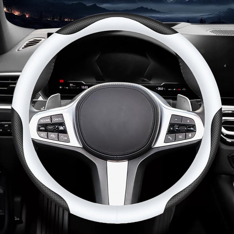 Carodi Leather Car Steering Wheel Cover, Elegant, Fashionable, Comfortable, Non-Slip, Breathable, Universal 15 inch, Black and White - Image 2