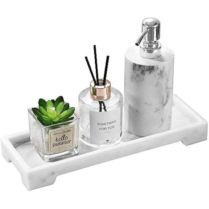 Vanity Tray Toilet Tank Storage Tray Resin Bathtub Tray Bathroom Tray Marble Pattern Tray Vanity Organizer For Tissues Candles Soap Towel Plant Etc  White Marble - Image 1