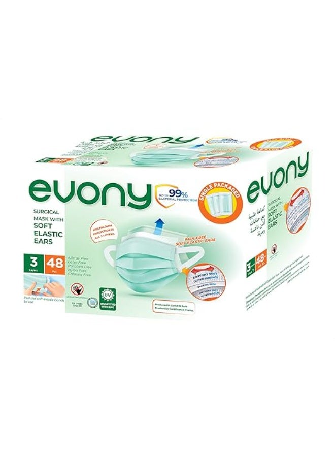 evony Premium Surgical Face Masks with Soft Elastic Ear Loops - High Filtration Protection - Breathable 3-Layer Medical Grade Masks (48 Pieces) - Image 1