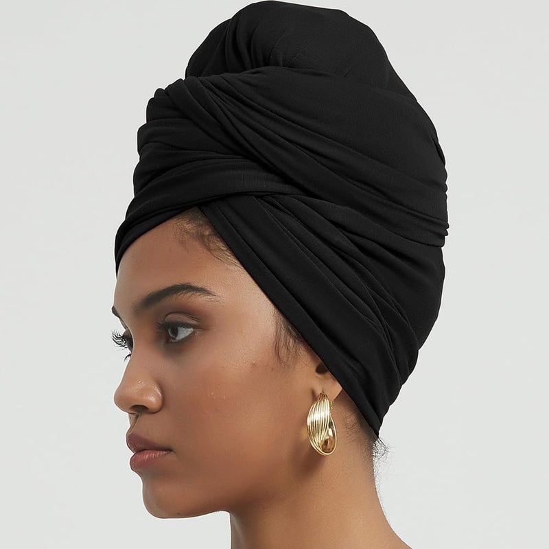 corciova Black Long Soft Head Wrap Turban Headband for Black Women Two Way Stretch Fashion African Head Covering Jersey Hijab Scarf - Image 3