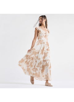 FAV Printed Maxi Dress with Sweetheart Neck and Ruffle Sleeves  - Image 1