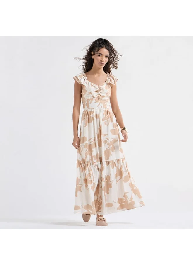 FAV Printed Maxi Dress with Sweetheart Neck and Ruffle Sleeves