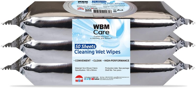 WBM Care Cleaning Wipes Thick  Strong for Easy Cleaning Flip Top Dispenser Unscented and Convenient For all Types of Surfaces Wet Wipes 50 Sheets Pack of 3 8251A3PCS - Image 1