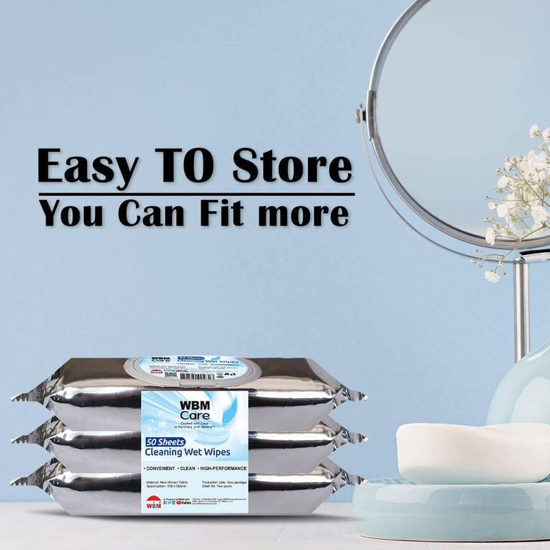 WBM Care Cleaning Wipes Thick  Strong for Easy Cleaning Flip Top Dispenser Unscented and Convenient For all Types of Surfaces Wet Wipes 50 Sheets Pack of 3 8251A3PCS - Image 5
