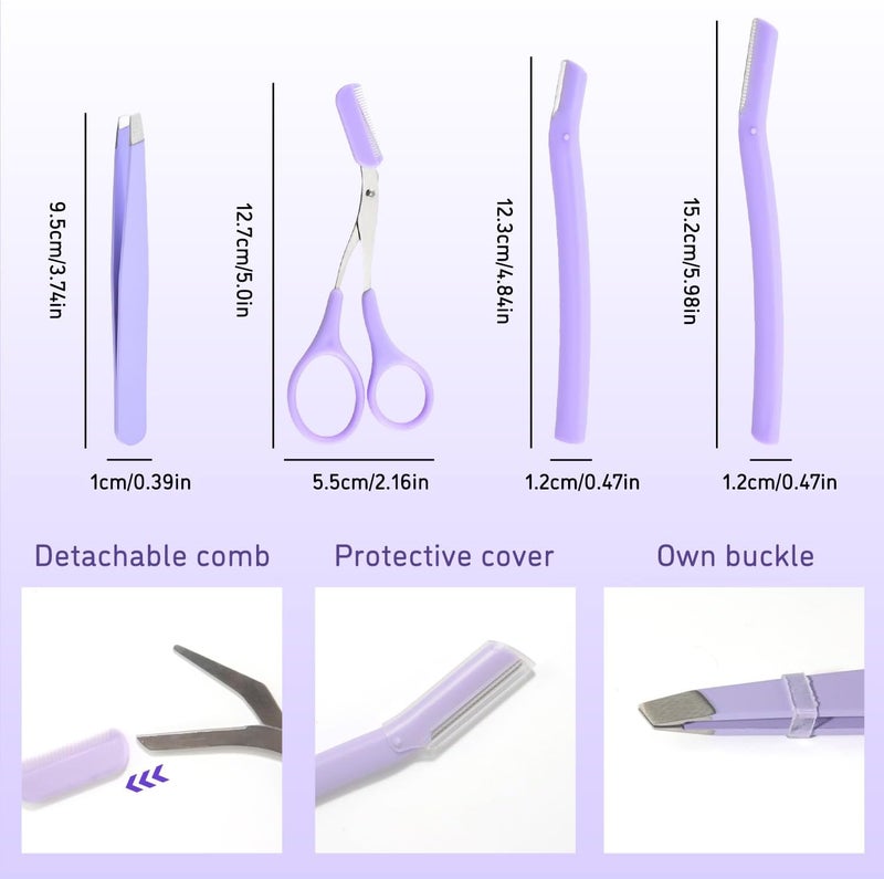 TORMEN Professional Eyebrow Grooming Kit Eye Brow Scissors with Comb Razor Tweezers For Perfect Shaping Face Hair Removal Tool Men and Women(4Pcs Purper) - Image 2