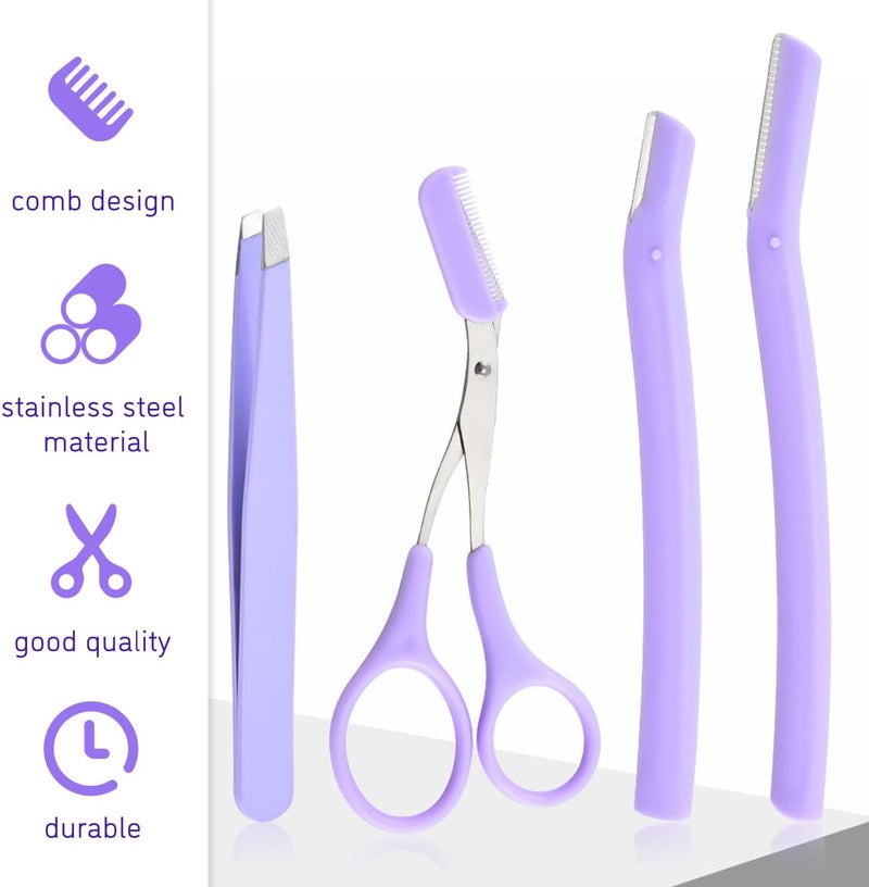 TORMEN Professional Eyebrow Grooming Kit Eye Brow Scissors with Comb Razor Tweezers For Perfect Shaping Face Hair Removal Tool Men and Women(4Pcs Purper) - Image 5