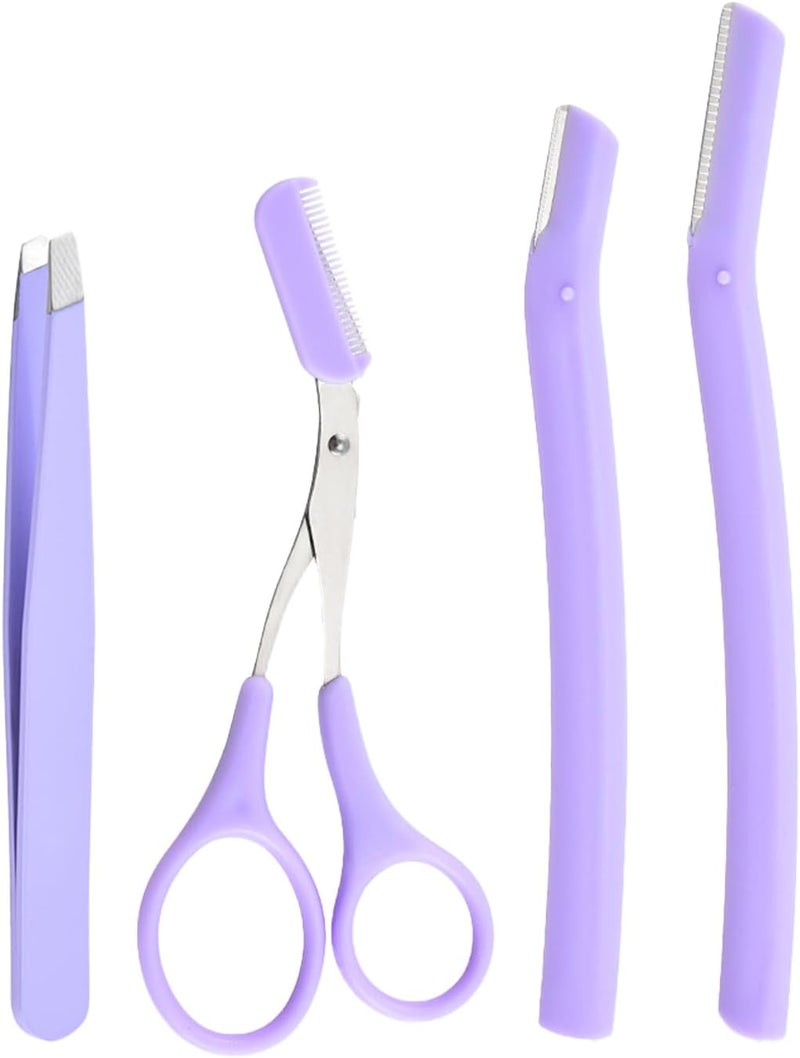 TORMEN Professional Eyebrow Grooming Kit Eye Brow Scissors with Comb Razor Tweezers For Perfect Shaping Face Hair Removal Tool Men and Women(4Pcs Purper) - Image 1