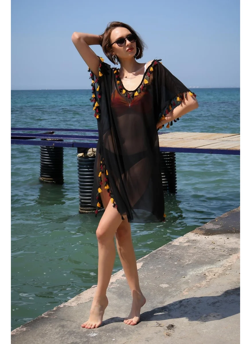 اكبينيز Women's Embroidered Tunic Pareo Beach Dress Black 38045