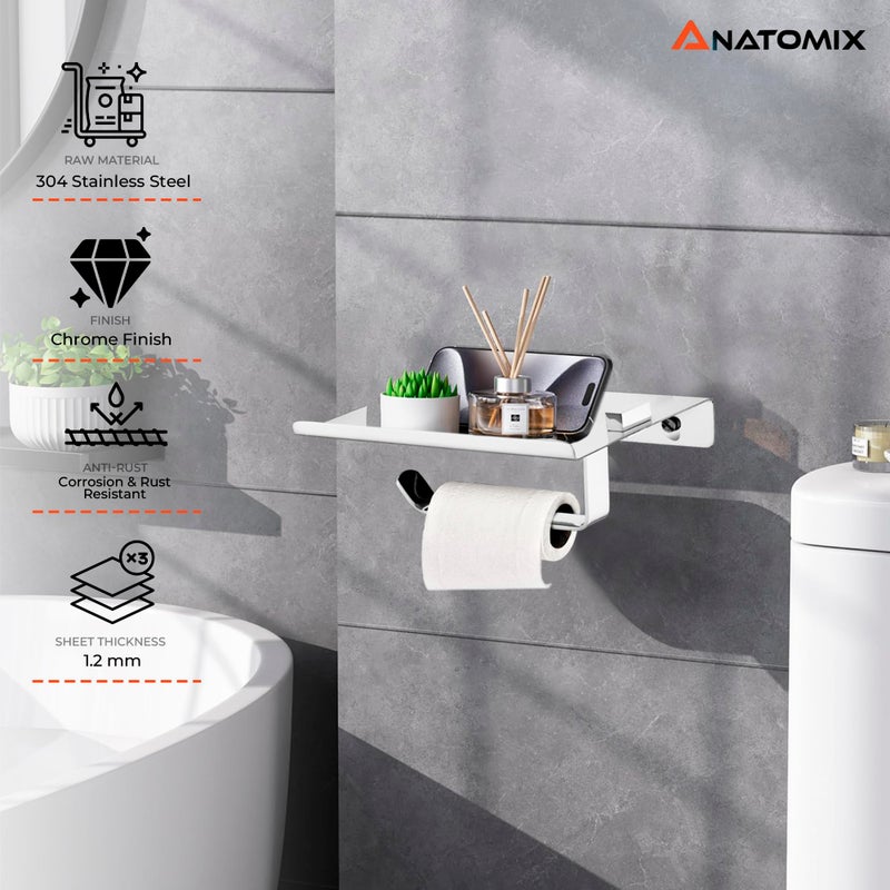Anatomix Mobile Stainless Steel Toilet Paper Holder, Tissue Paper Roll Holder with Phone Stand for Bathroom/Toilet Tissue Roll Holder - Pack 1 Wall Mounted - Image 2