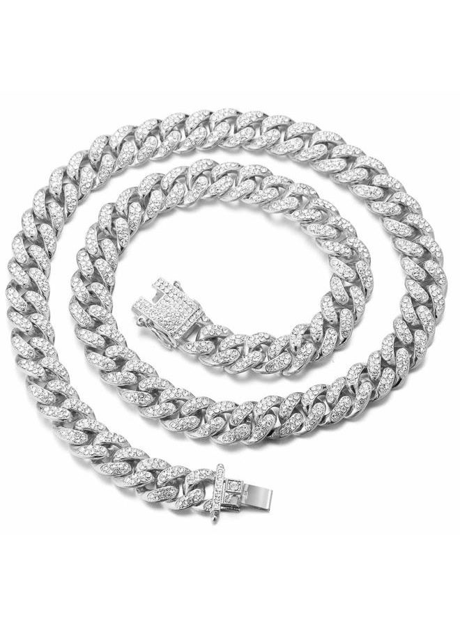 Halukakah Gold Plated Chains for Boys - TYCOON JUNIOR - Kid's 14MM Platinum Plated Cuban Link Chain Necklace Bracelet,Lab Diamonds Prong Set,Fits Ages 8-16 Y/O. with Giftbox, 14", Metal, Cubic - Image 1