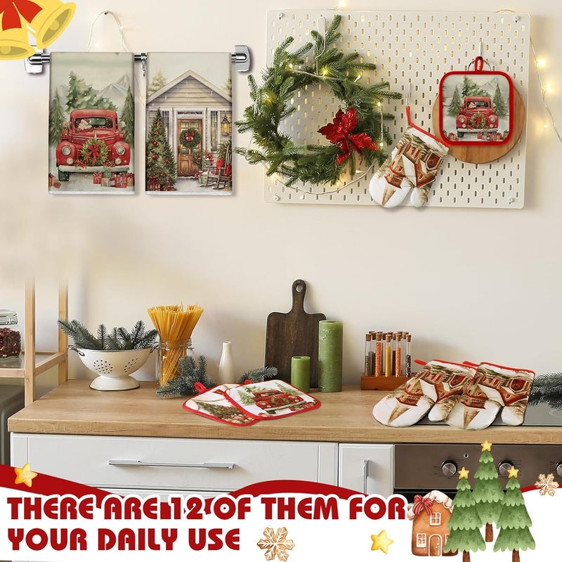 SiliFine 12 Pcs Christmas Kitchen Towels Pot Holders and Oven Mitts Set Nutcracker Dish Towels Christmas House Oven Mitts Xmas Tree Pot Holders for Home Cooking Dish Baking Decorative - Image 4