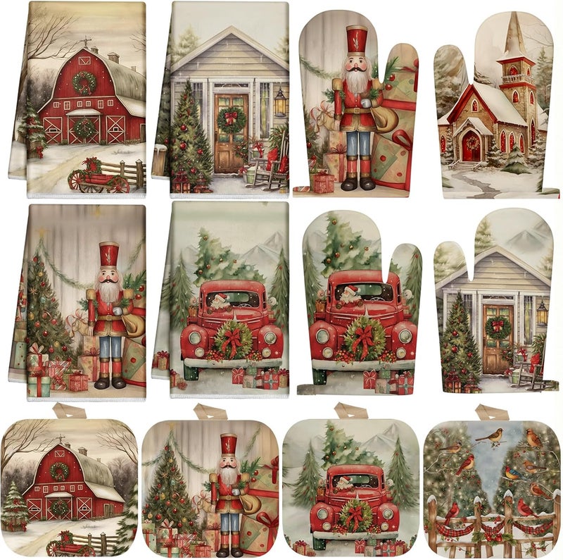 SiliFine 12 Pcs Christmas Kitchen Towels Pot Holders and Oven Mitts Set Nutcracker Dish Towels Christmas House Oven Mitts Xmas Tree Pot Holders for Home Cooking Dish Baking Decorative - Image 1
