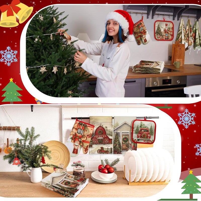 SiliFine 12 Pcs Christmas Kitchen Towels Pot Holders and Oven Mitts Set Nutcracker Dish Towels Christmas House Oven Mitts Xmas Tree Pot Holders for Home Cooking Dish Baking Decorative - Image 5