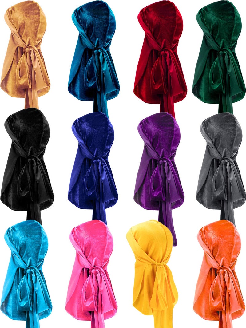 Geyoga 12 Pieces Velvet Durags Caps Wide Strap Headwraps Long Tail Turban Beanies for 360 Wave Men Women Multicoloured