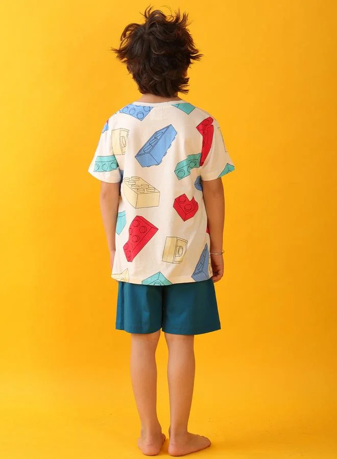 انثريلو مجموعة من شورت وتيشيرت بطبعة نمط كتل الالوان