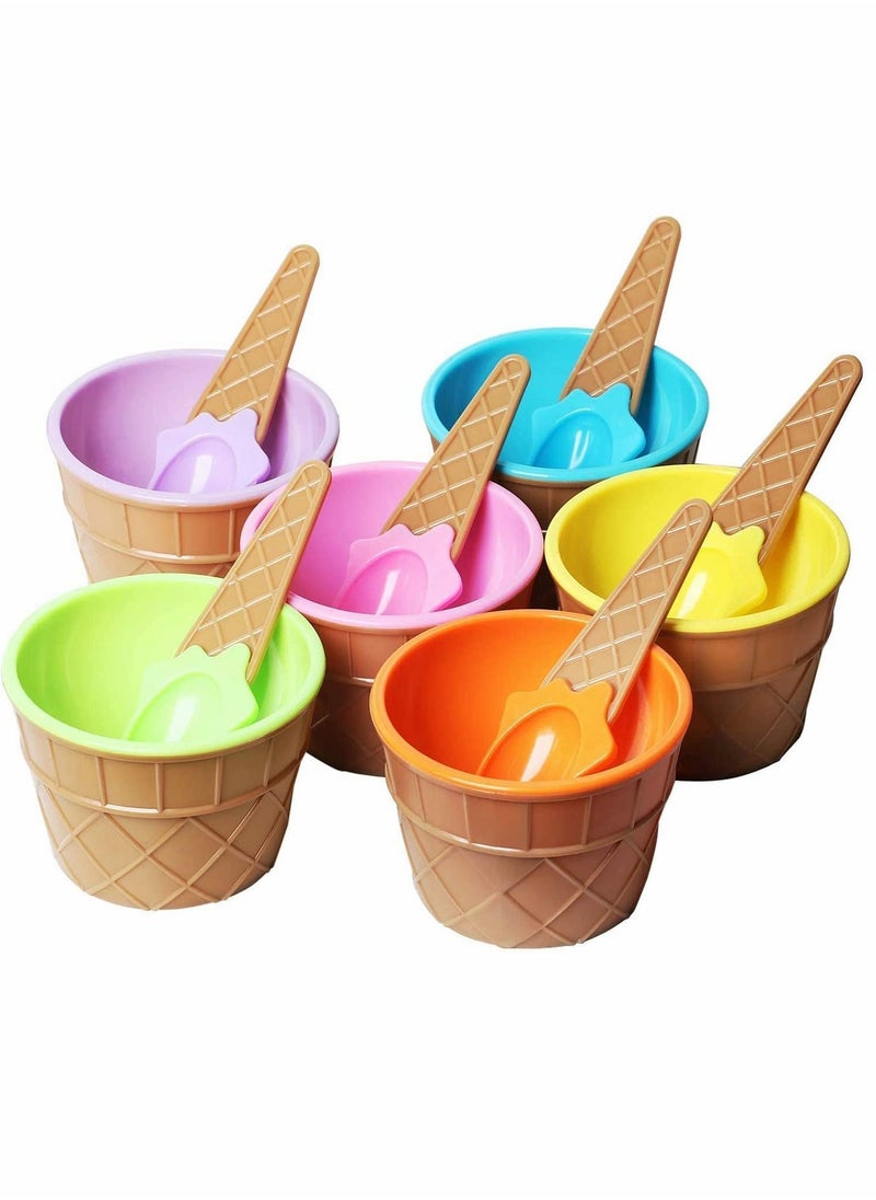 Y&D - Ice Cream Dessert Bowls and Matching Spoons, Plastic, Assorted Cute Colours, Wafer Design,Set of 6 - Image 1