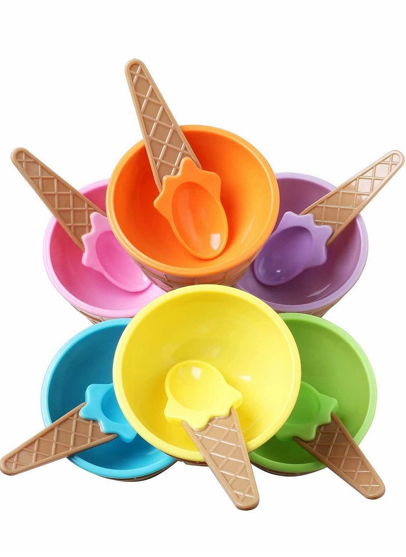 Y&D - Ice Cream Dessert Bowls and Matching Spoons, Plastic, Assorted Cute Colours, Wafer Design,Set of 6 - Image 1