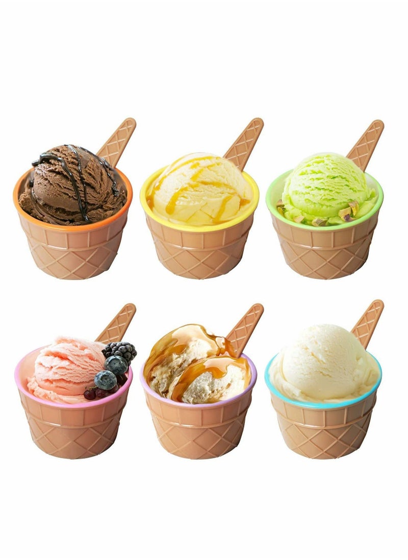 Y&D - Ice Cream Dessert Bowls and Matching Spoons, Plastic, Assorted Cute Colours, Wafer Design,Set of 6 - Image 1