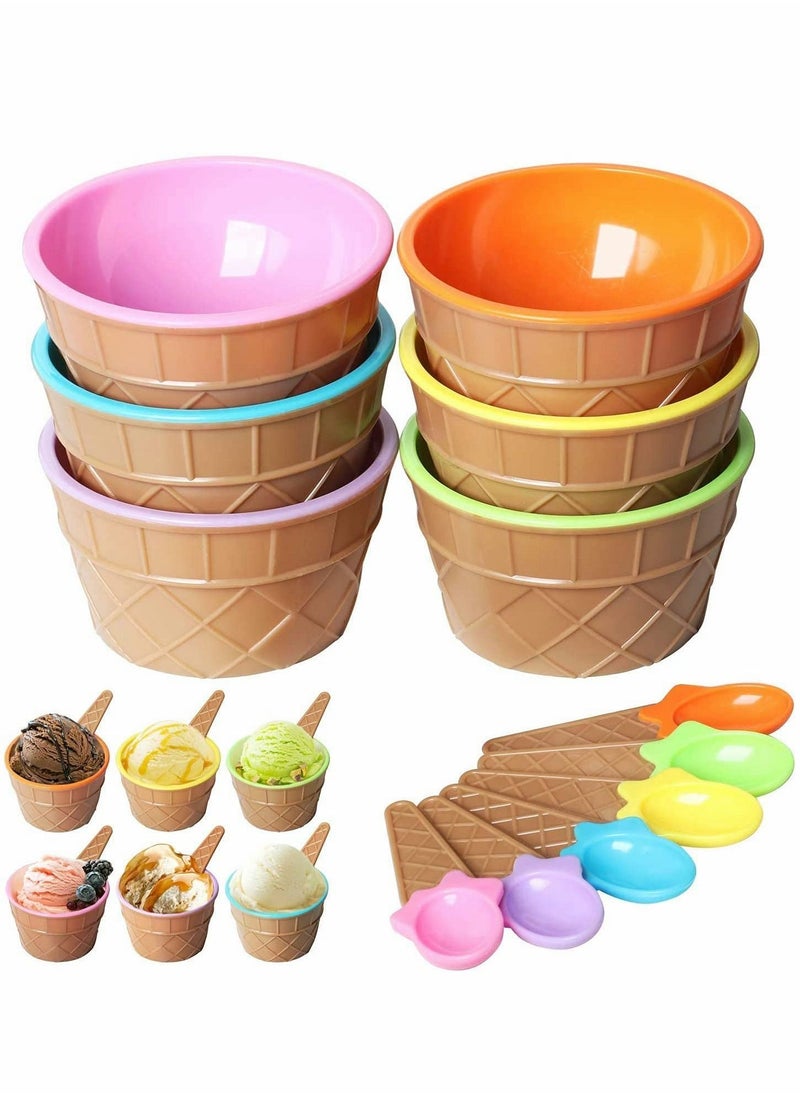 Y&D - Ice Cream Dessert Bowls and Matching Spoons, Plastic, Assorted Cute Colours, Wafer Design,Set of 6 - Image 1