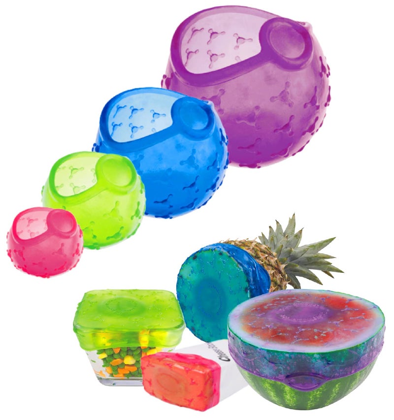 FusionBrands FusionBrands CoverBlubber Multicolored 4 Piece Set Stretchable Silicone Covers For Food Storage to Cling Onto Most Food Items  Containers RefrigeratorFreezer Use Only  SmallMediumLargeXLarge 