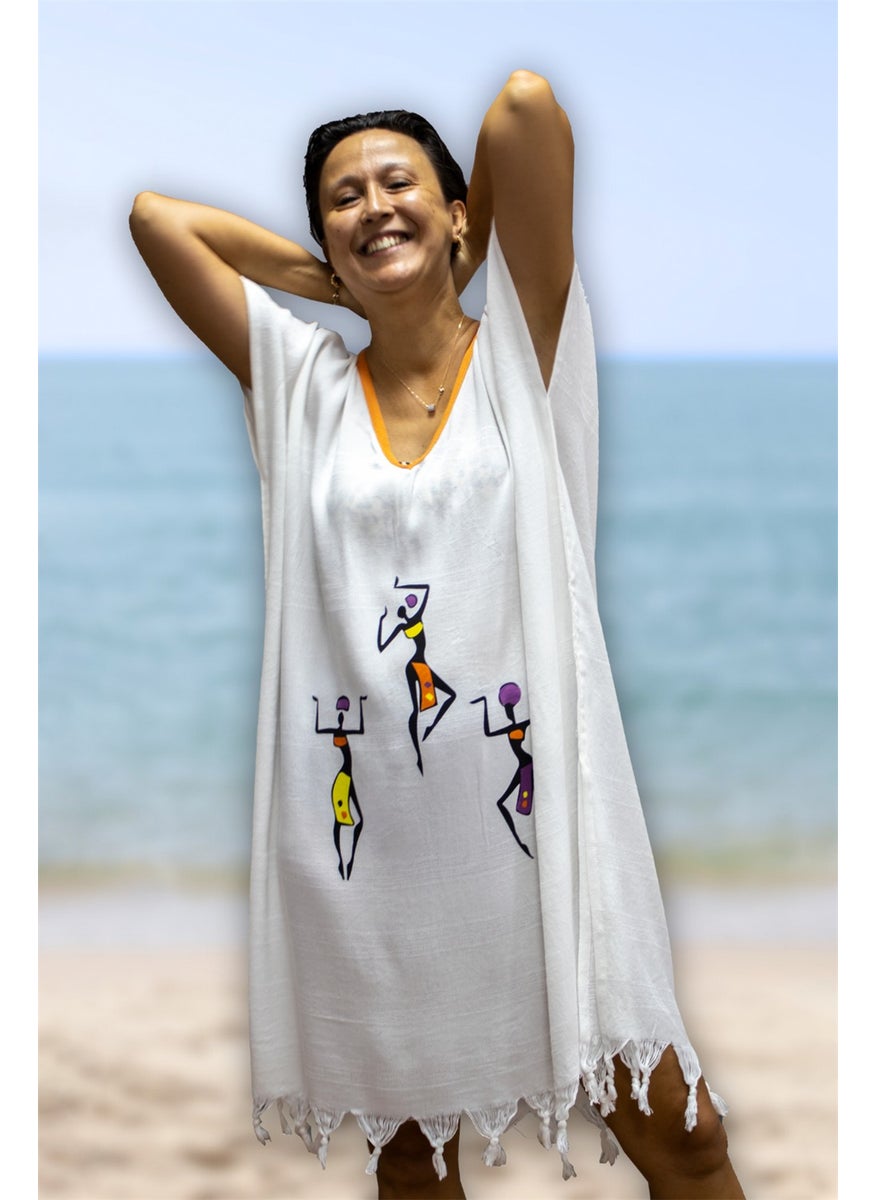 class Beach Dress Viscose Cotton Orange Piping African Pattern L-XL  - Image 4