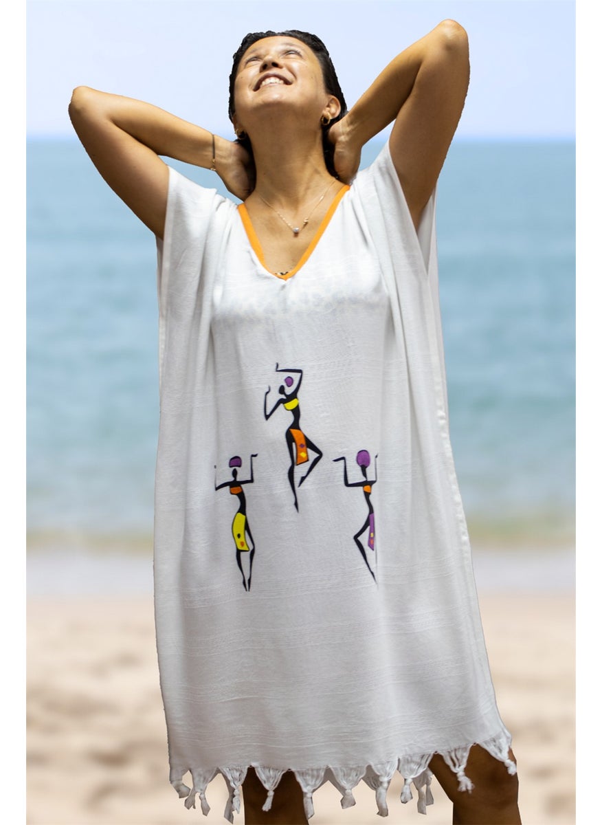 class Beach Dress Viscose Cotton Orange Piping African Pattern L-XL  - Image 1