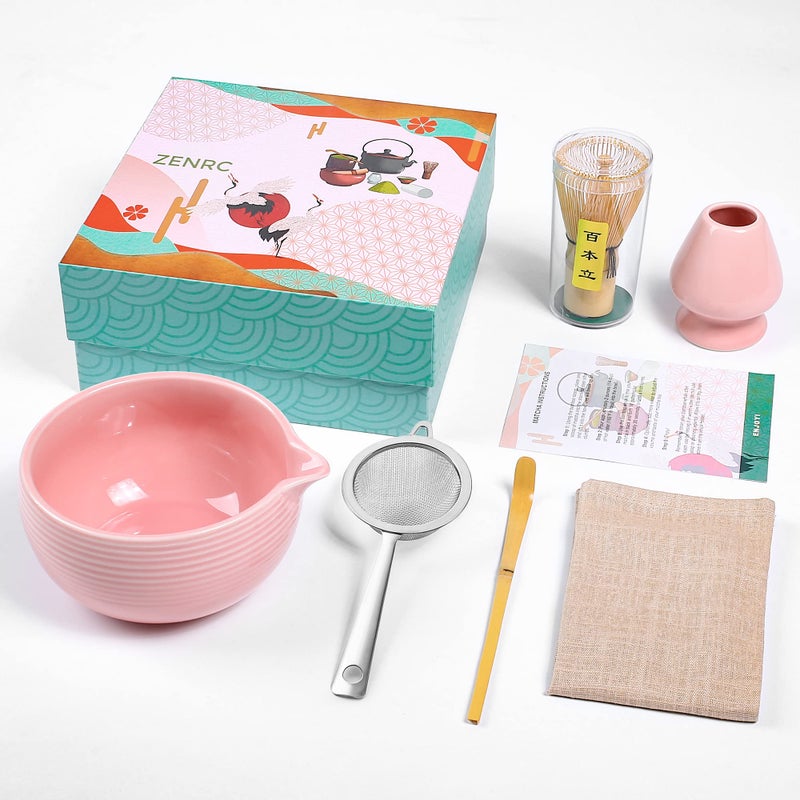 ZENRC Ceremony Pink Matcha Kit  Traditional Bamboo Matcha Whisk Chasen Scoop Chashaku Chawan Bowl with Pouring Spout Whisk Holder Sifter Tea Tray The Perfect Matcha Set Baby Pink Set of 6