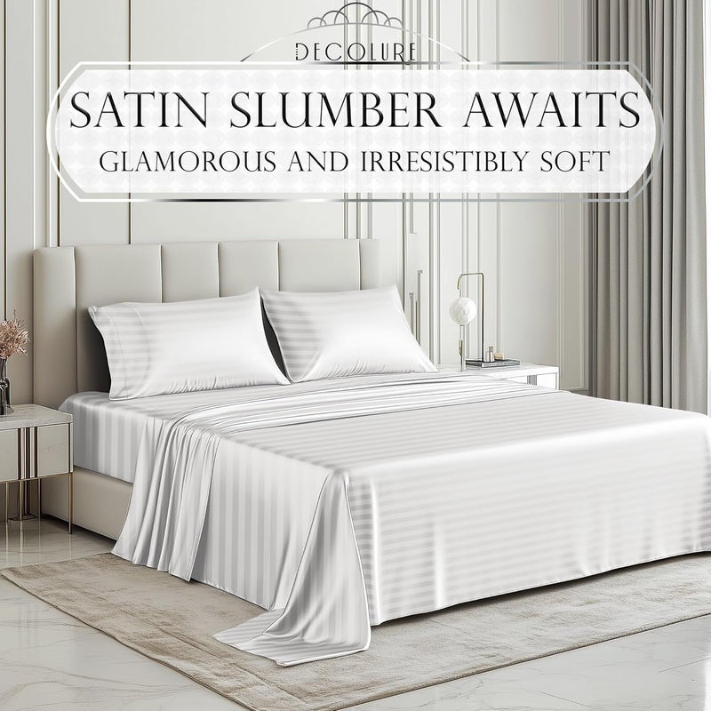 DECOLURE Satin Bed Sheets - 4 Piece Luxury Silky Full Size Bedding Set - Softer Than Silk, Wrinkle-Free with 15” Deep Pocket Fitted Sheet, Perfect for Hair & Skin, Gifts for Women (Striped White) - Image 2
