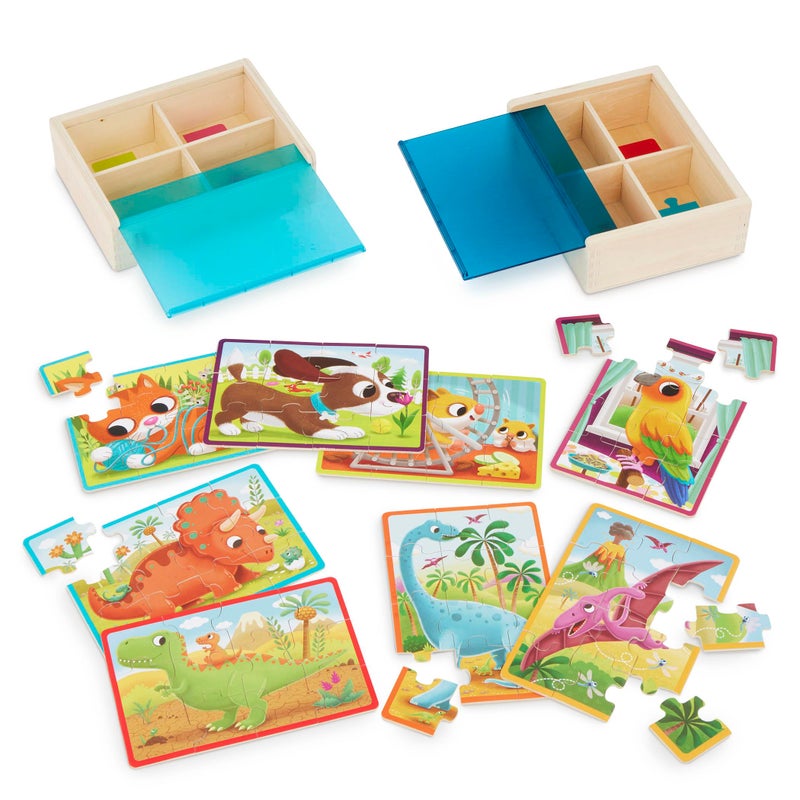B. toys- Pack o' Puzzles 2-Pack - Pets & Dinos- Wooden Puzzle Box Set - 2 Puzzle Boxes  8 Puzzles- 12-Piece Jigsaw Puzzles for Kids - 3 Years + - Image 1