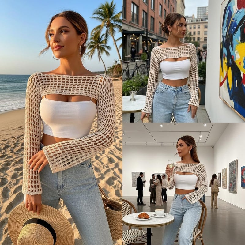 Mincib سترة مينيكب النسائية المحبوكة بتصميم ي2ك مع فتحة بوليرو شفافة قصيرة (بيج، S) - Image 5