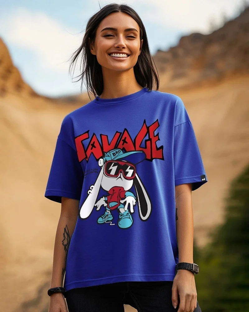 bewakoof Women's Blue Being Savage Graphic Printed Oversized T-shirt