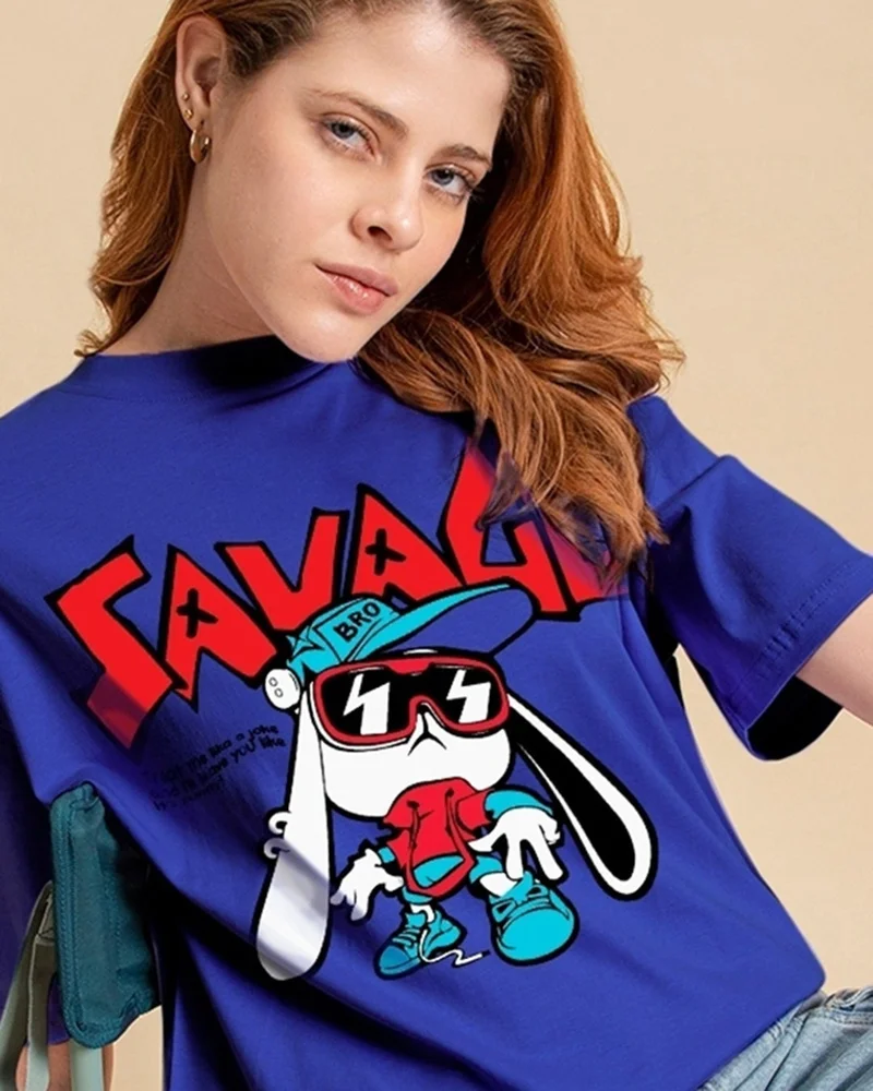 bewakoof Women's Blue Being Savage Graphic Printed Oversized T-shirt