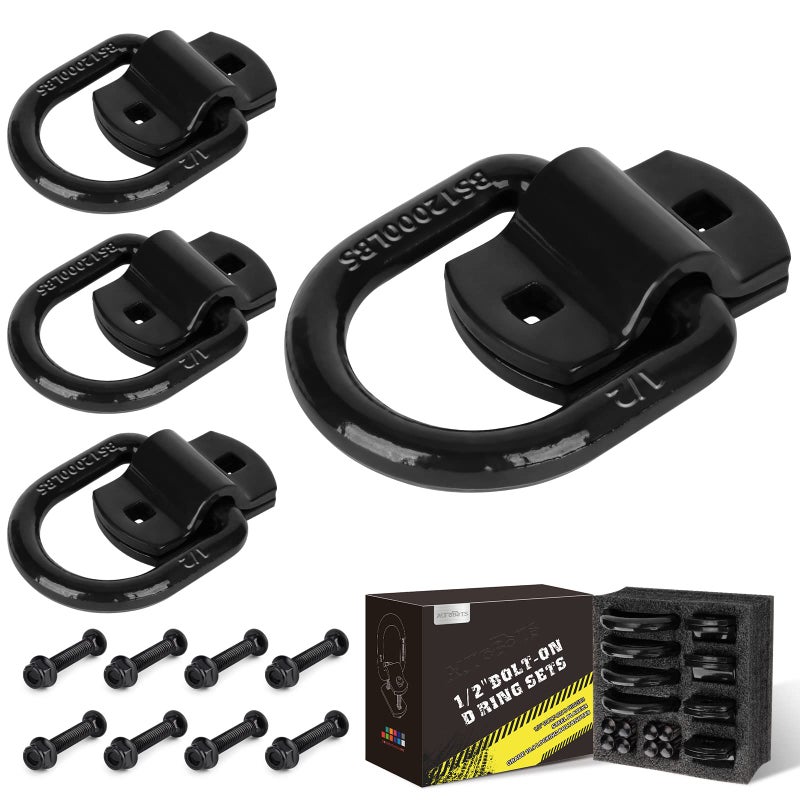 AUTOBOTS 12 Heavy Duty BoltOn Forged D Ring 12000Lbs Break Strength Tie Down Anchors Hooks for Trailers Trucks and Cargo Tie Downs Pack of 4 Black