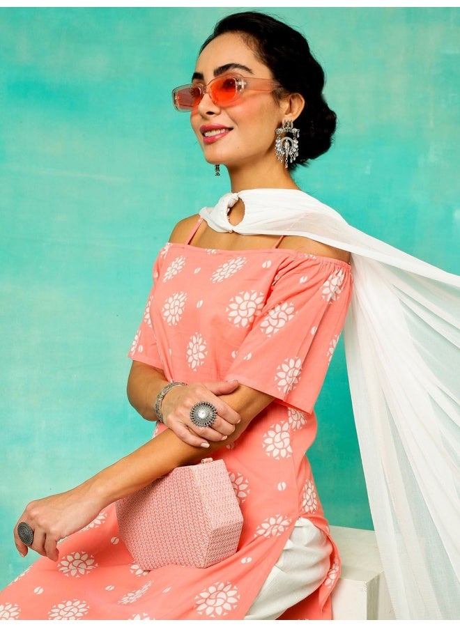 AKS Peach & White Printed Kurta & Pant With Dupatta Set  - Image 1