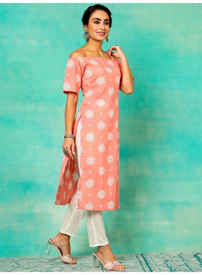 AKS Peach & White Printed Kurta & Pant With Dupatta Set  - Image 4